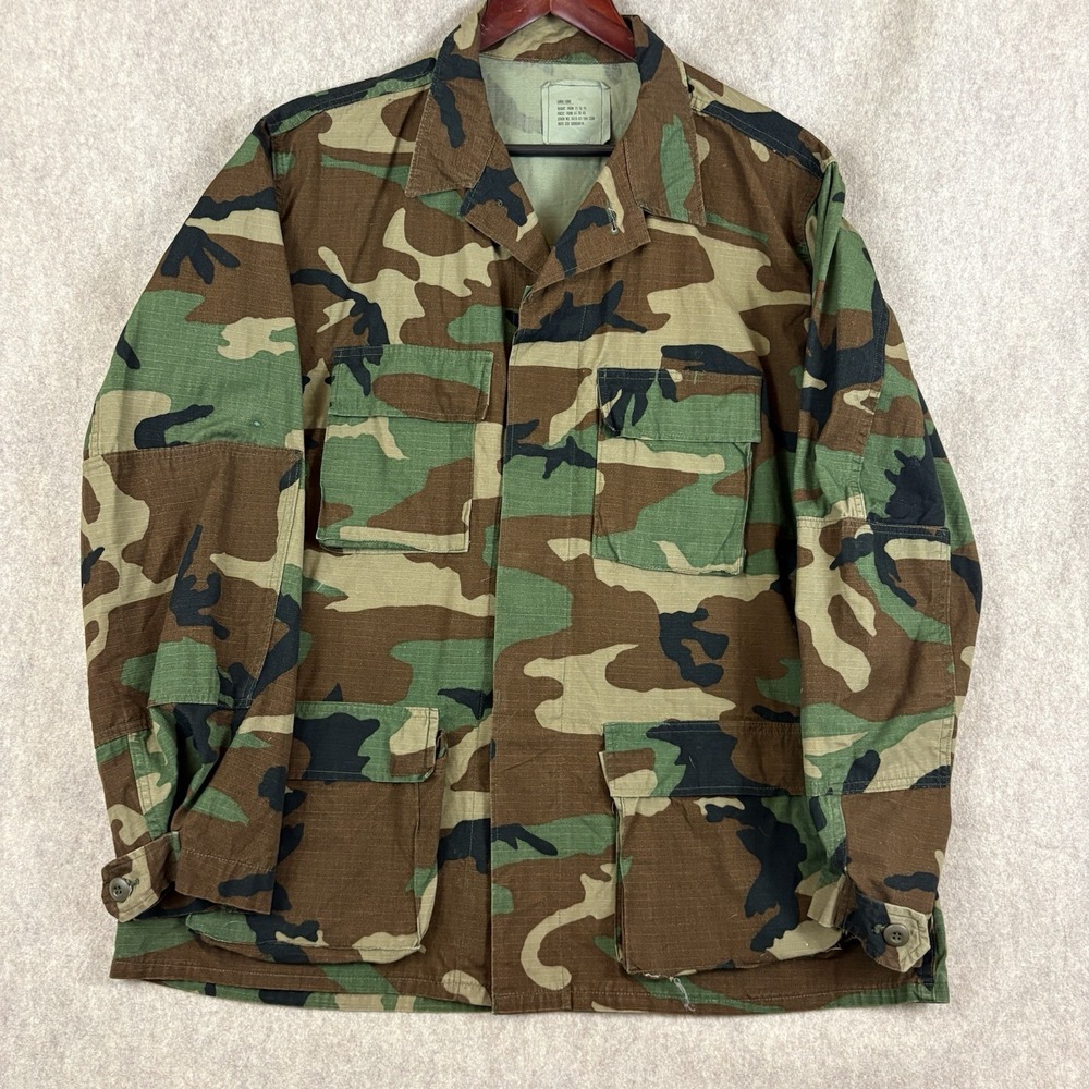 Vintage Woodland Camo BDU Coat Large Long 100% Cotton Ripstop Military Jacket